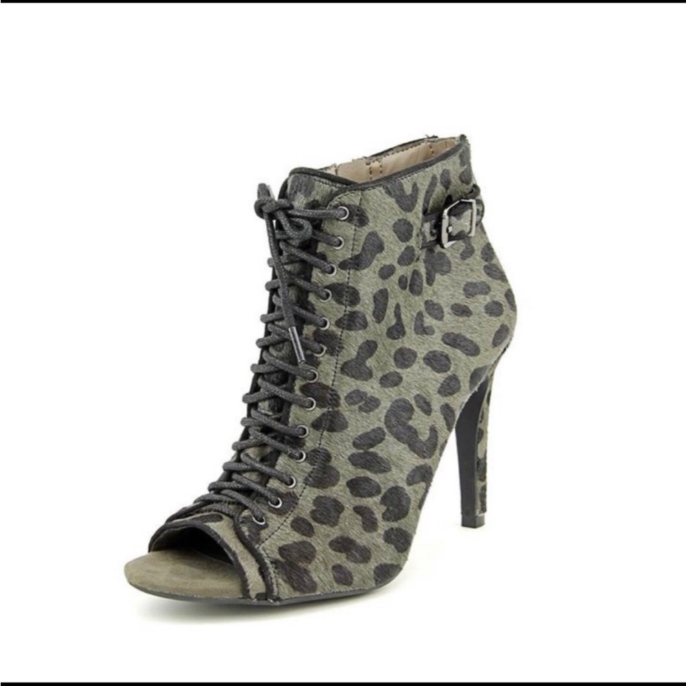 Jessica Simpson Peep Toe Leopard Grey Boots Erlene 2 Zip Lace Up Sz: 6